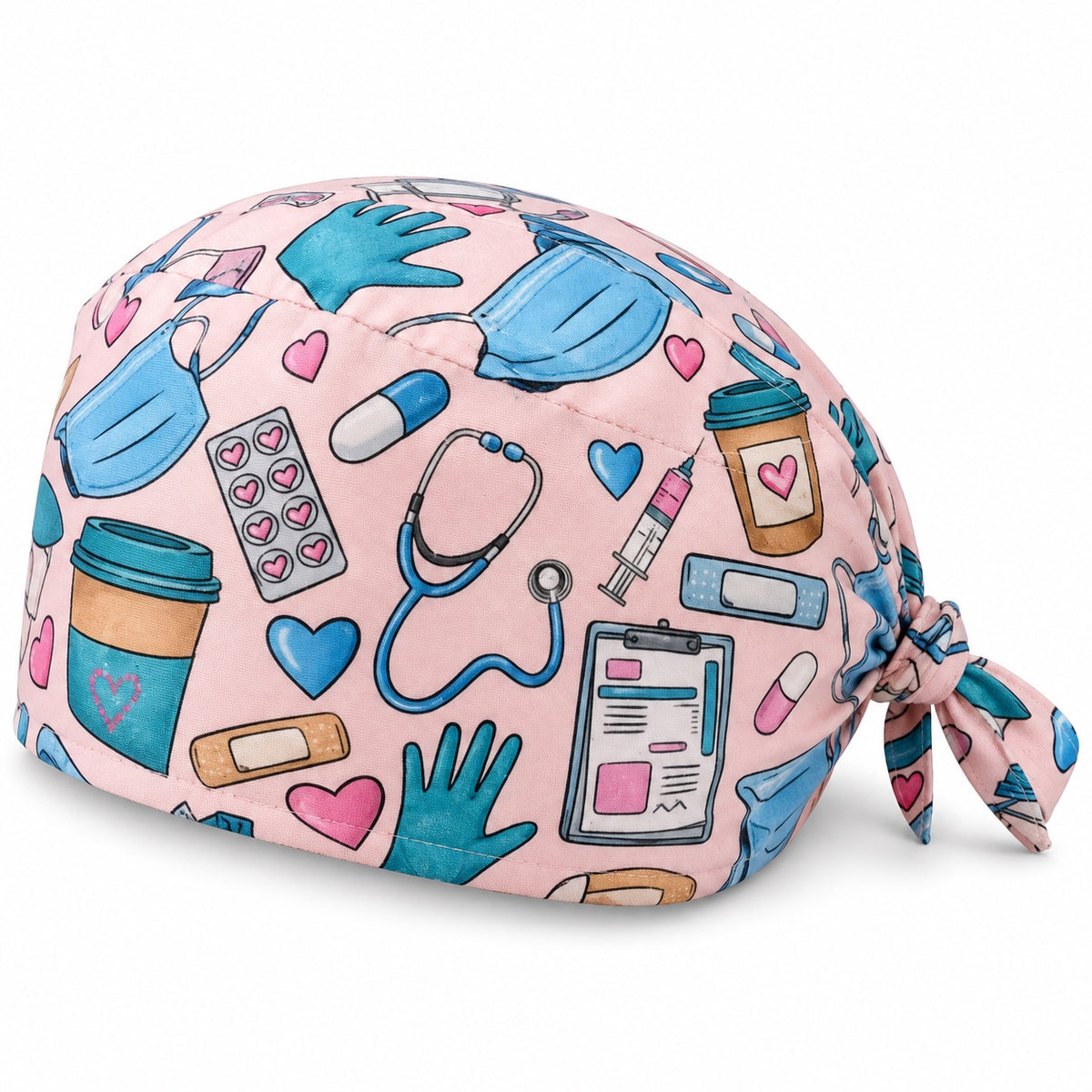 Pink and blue medical print scrub cap
