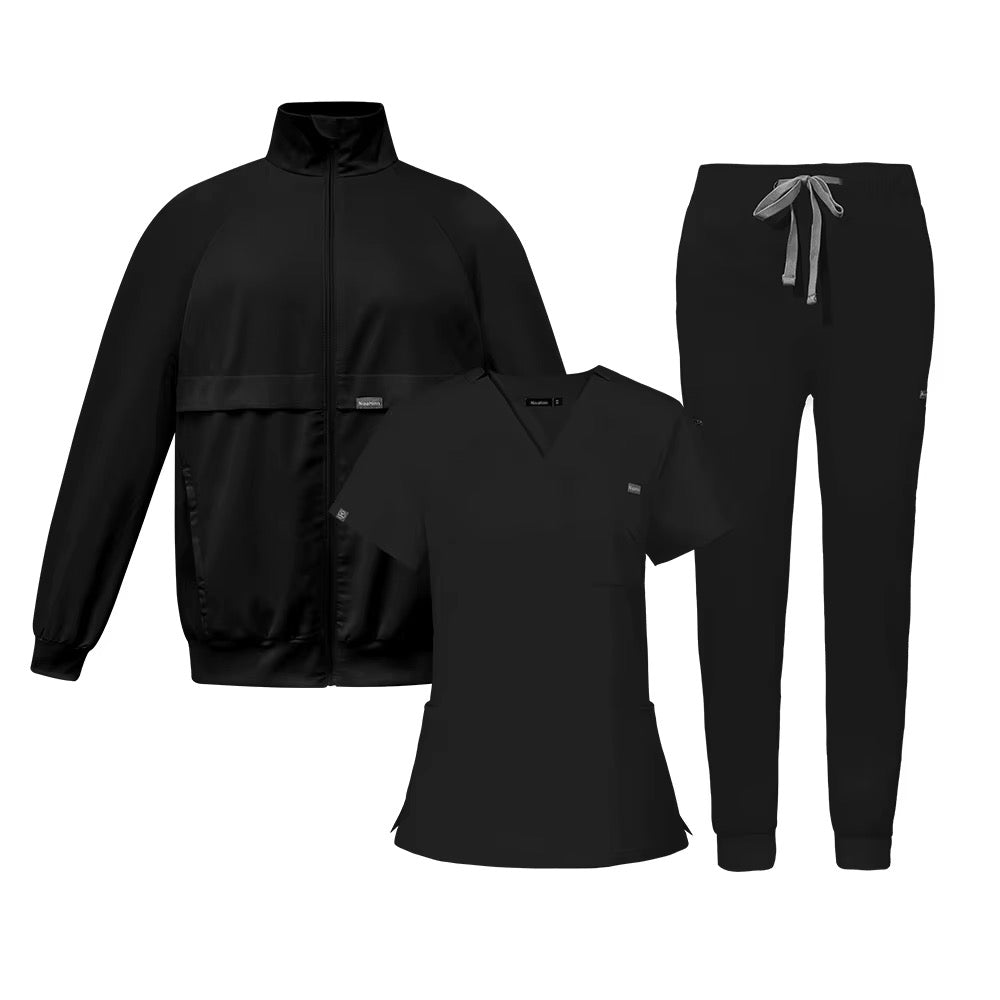 Black scrub jacket, scrub top and jogger pants