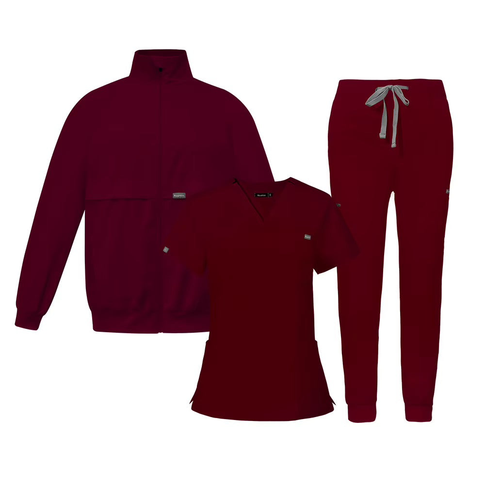 Burgundy scrub jacket, scrub top and jogger pants