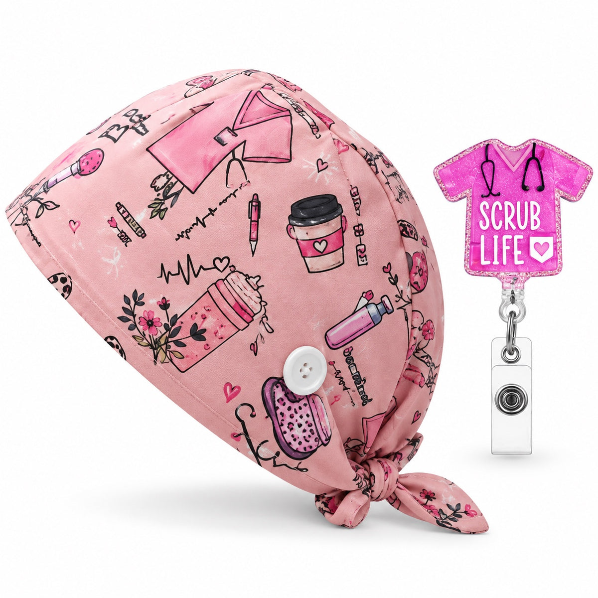 Pink coffee and scrub-life cap with matching badge reel