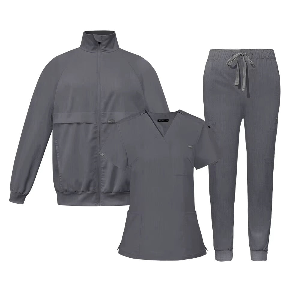 Gray scrub jacket, scrub top and jogger pants