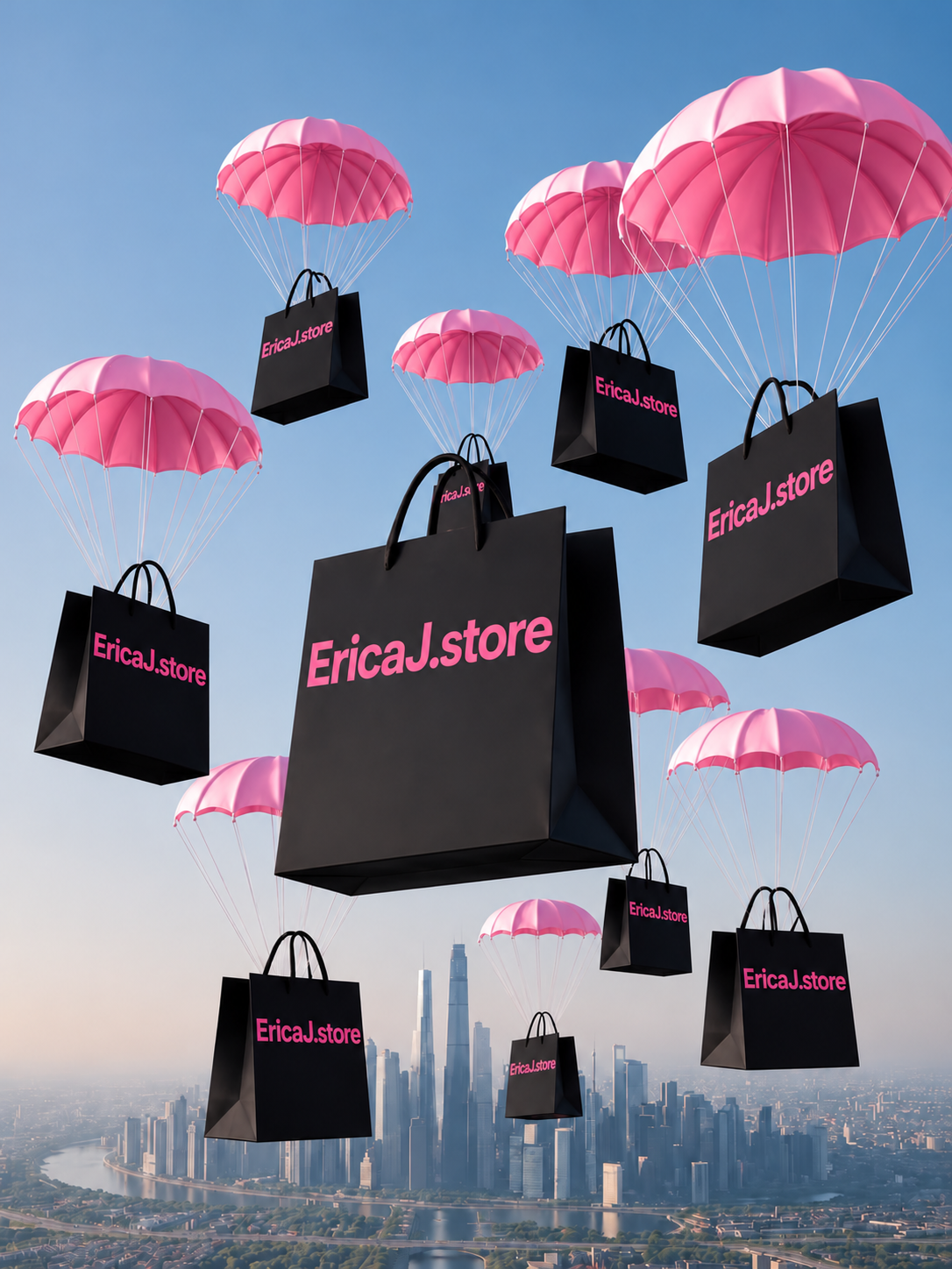 EricaJ.store bags floating under pink parachutes