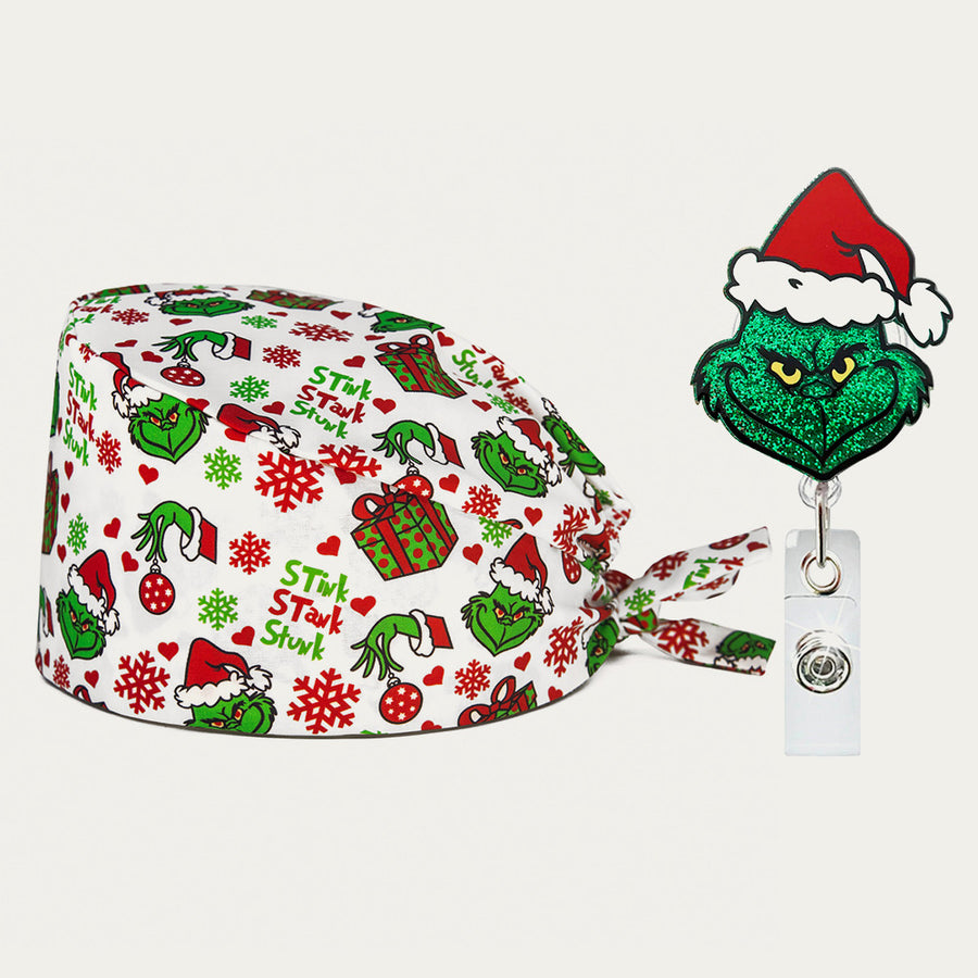 Grinch holiday scrub cap and badge reel