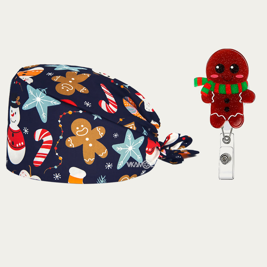 Gingerbread holiday scrub cap and badge reel