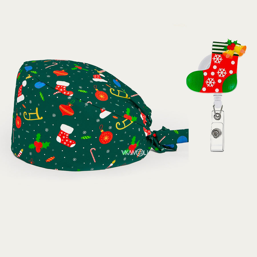 Stocking holiday scrub cap and badge reel