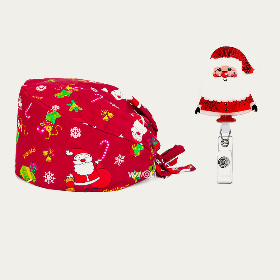 Santa holiday scrub cap and badge reel