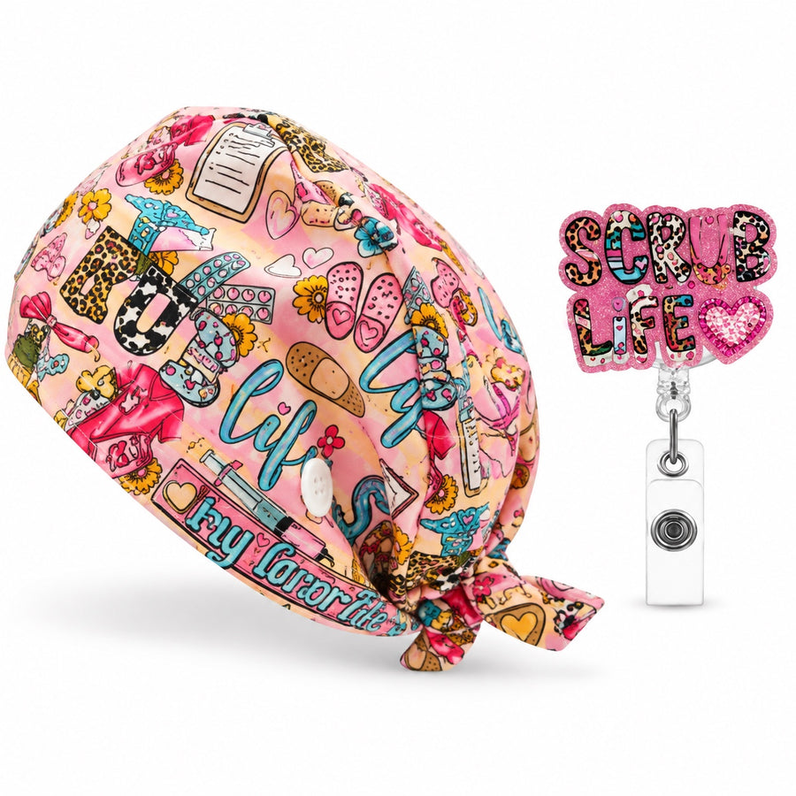 Colorful Scrub Life cap and badge reel