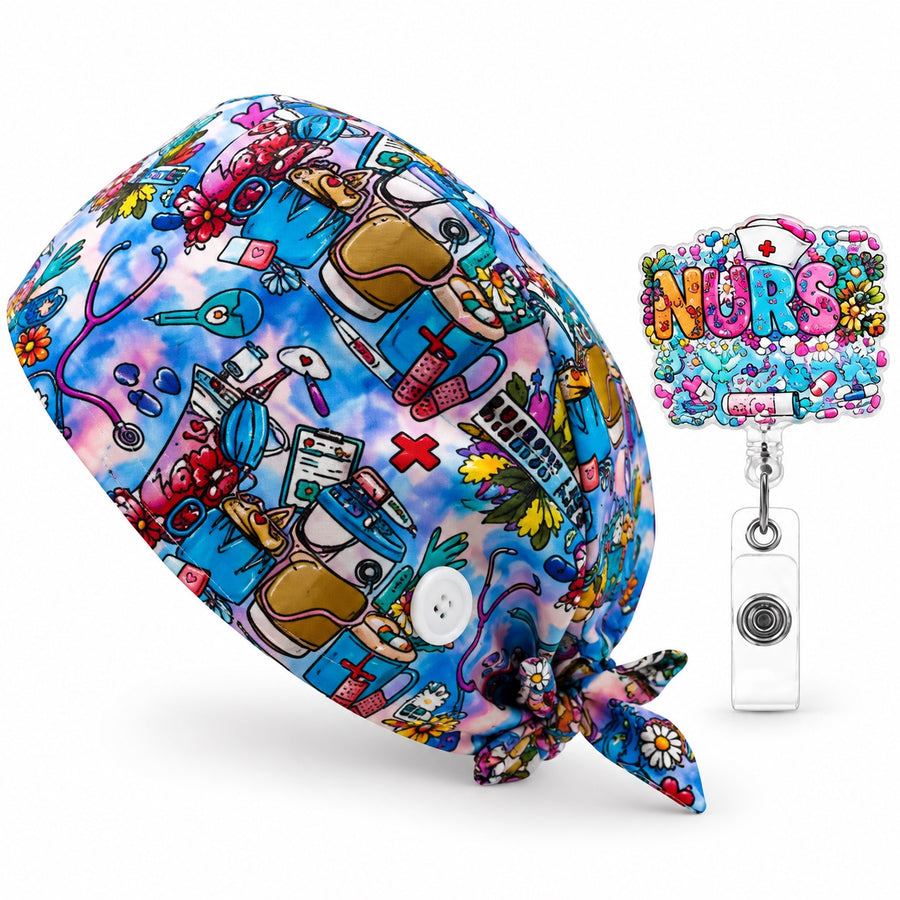 Blue nurse print cap and badge reel