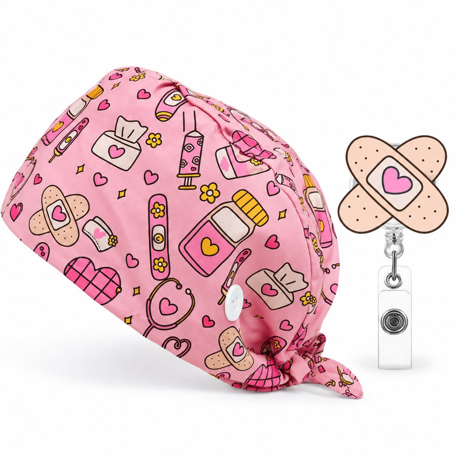 Pink bandage print cap and badge reel