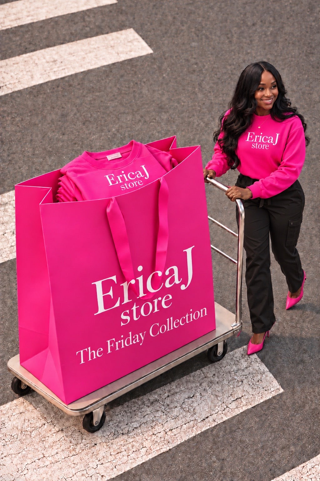EricaJ.store Friday Collection with a hot pink shopping bag and customized sweatshirt