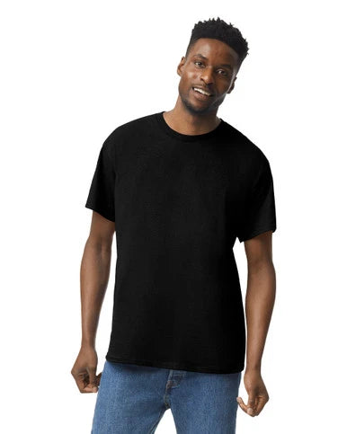 Gildan 5000 in Black, blank garment shown; custom design added to order